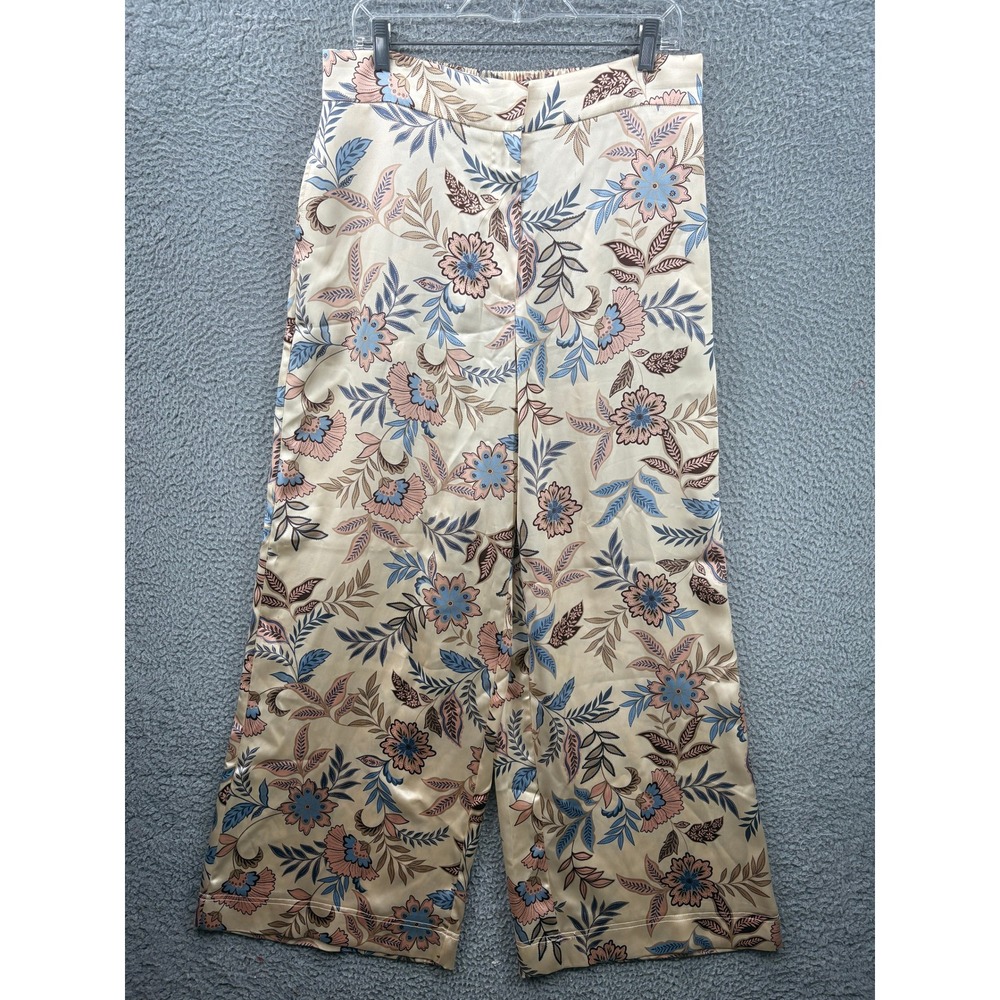 House of Harlow 1960 Wide Leg Pants Womens Large Cream Floral Satin Trousers